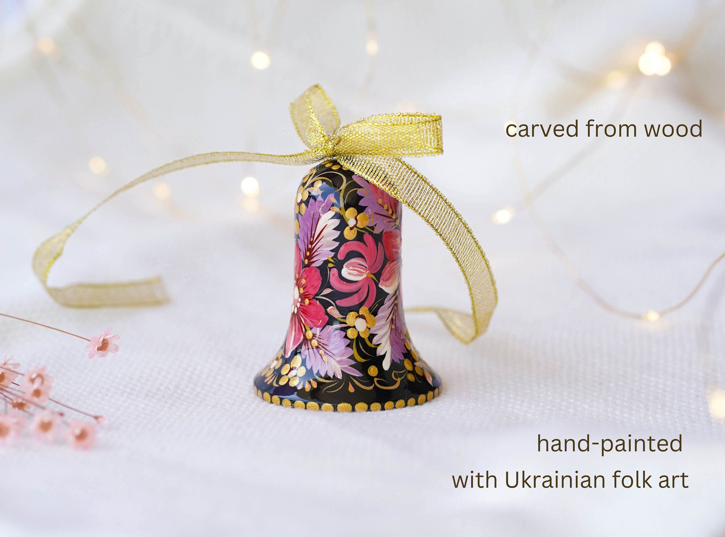 Painted Wooden Bell Christmas Ornament - Purple Flower Handmade Christmas Tree Decoration, Petrykivka Ar