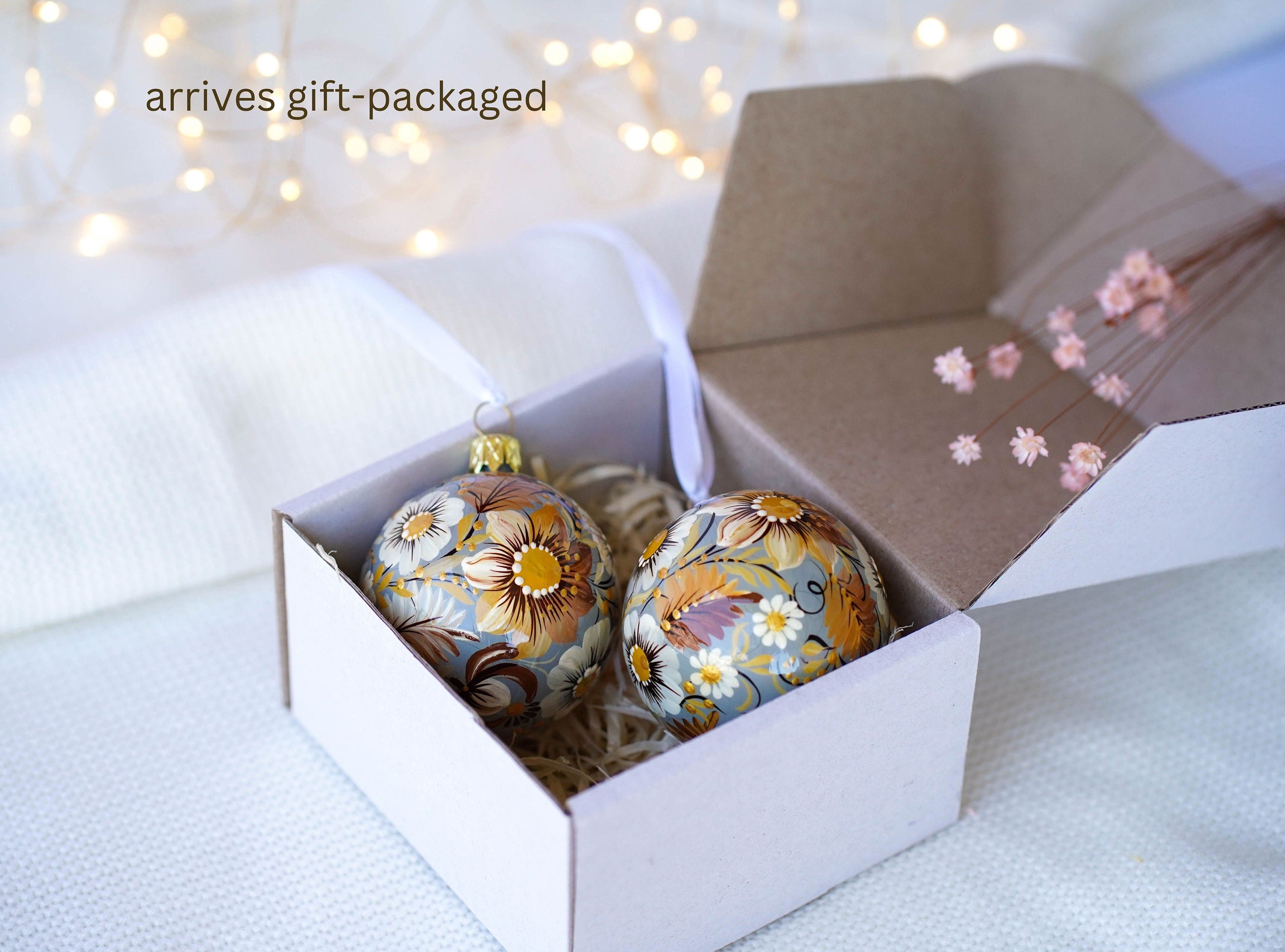 Set of 2Hhand-painted Christmas ornaments, Gift-wrapped