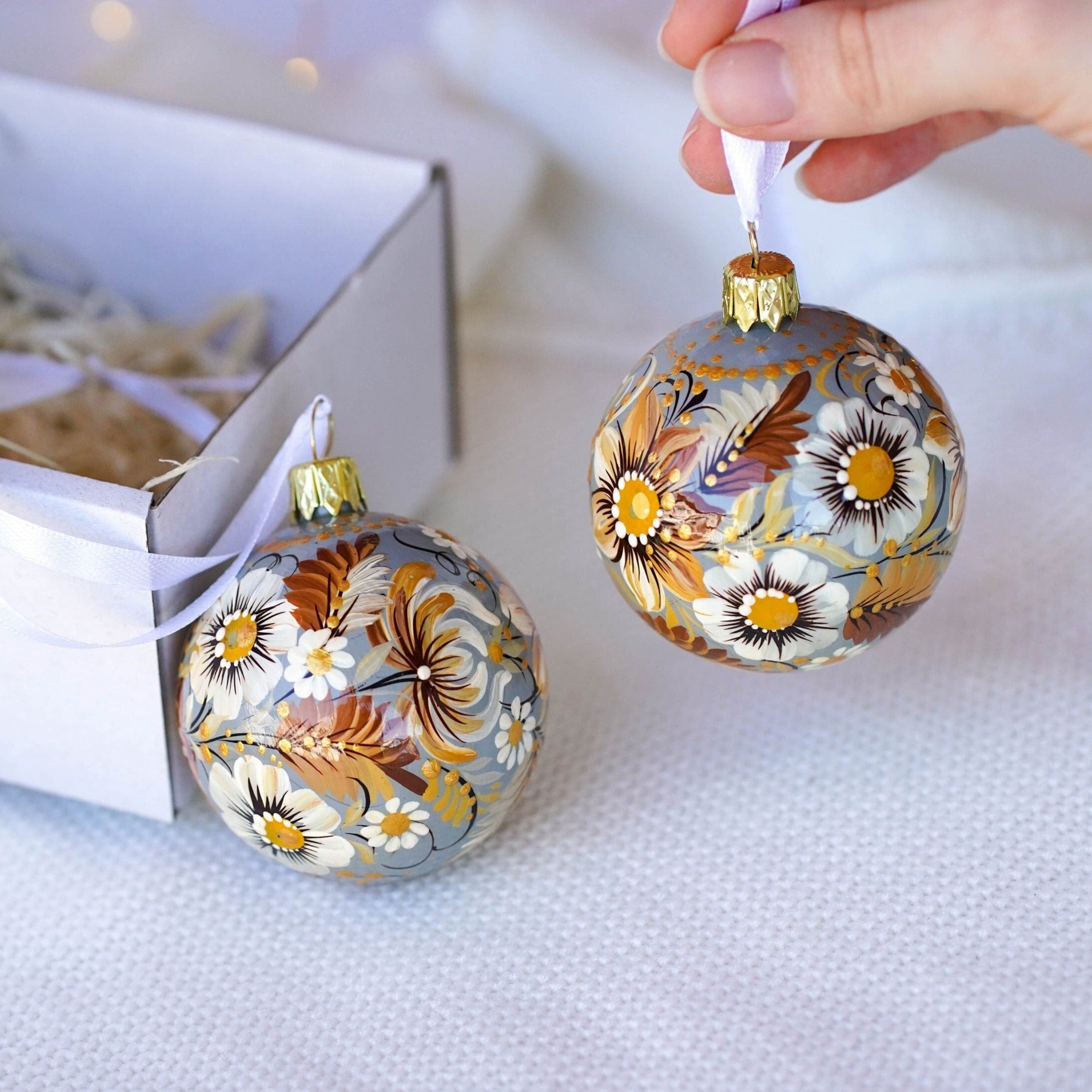 Set of 2Hhand-painted Christmas ornaments, Gift-wrapped