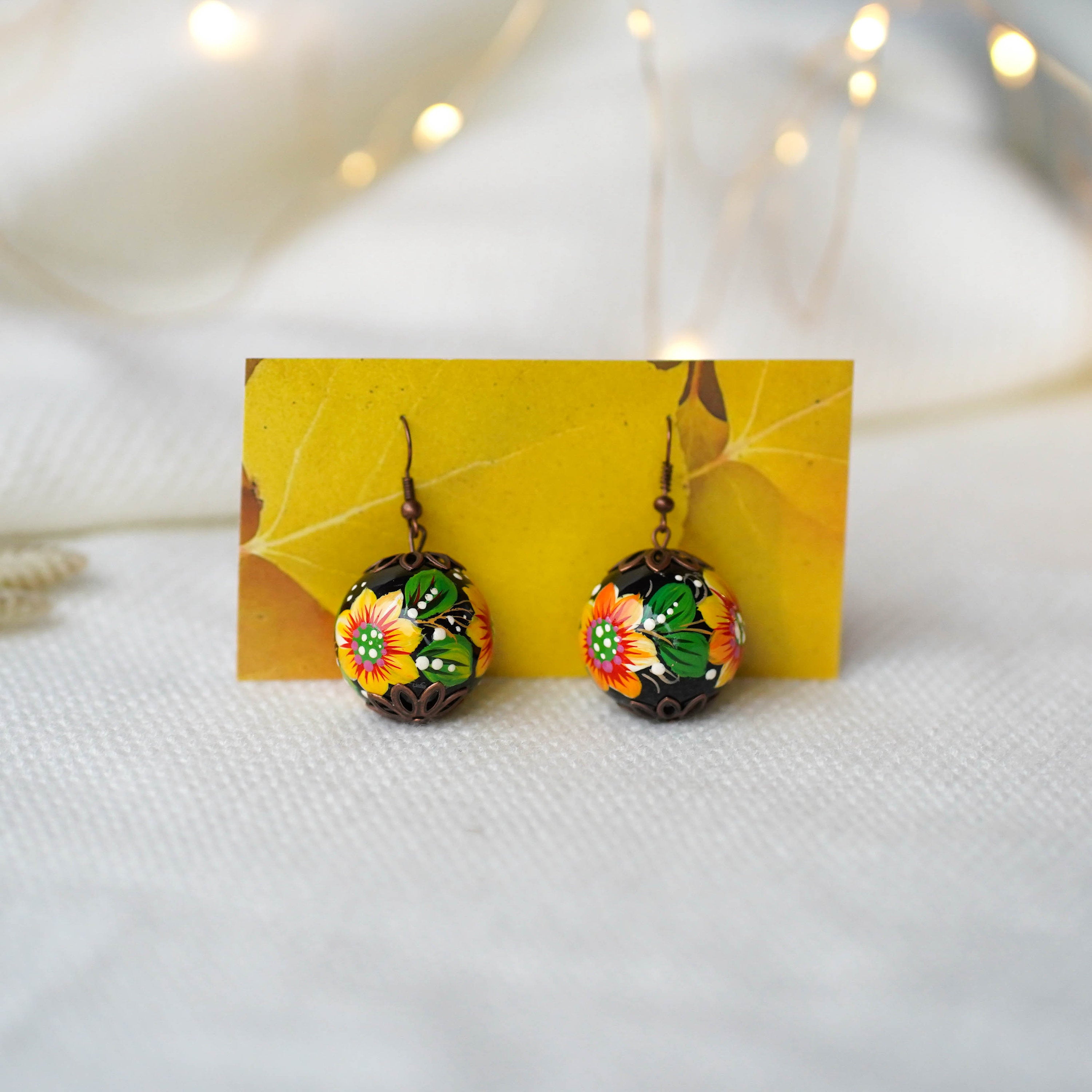 Lightweight Hand-painted Sunflower Earrings - Wooden Dangle Earrings