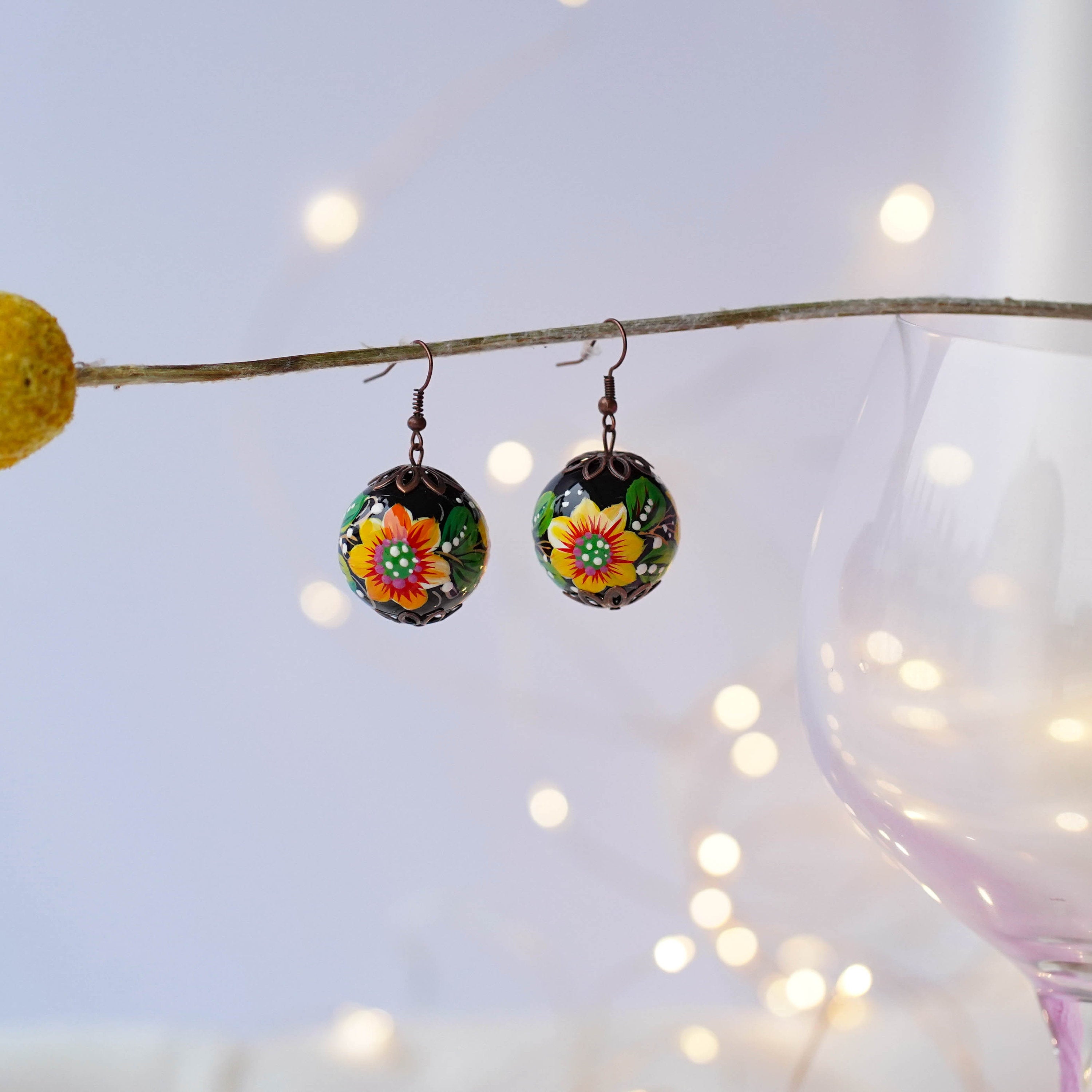 Lightweight Hand-painted Sunflower Earrings - Wooden Dangle Earrings