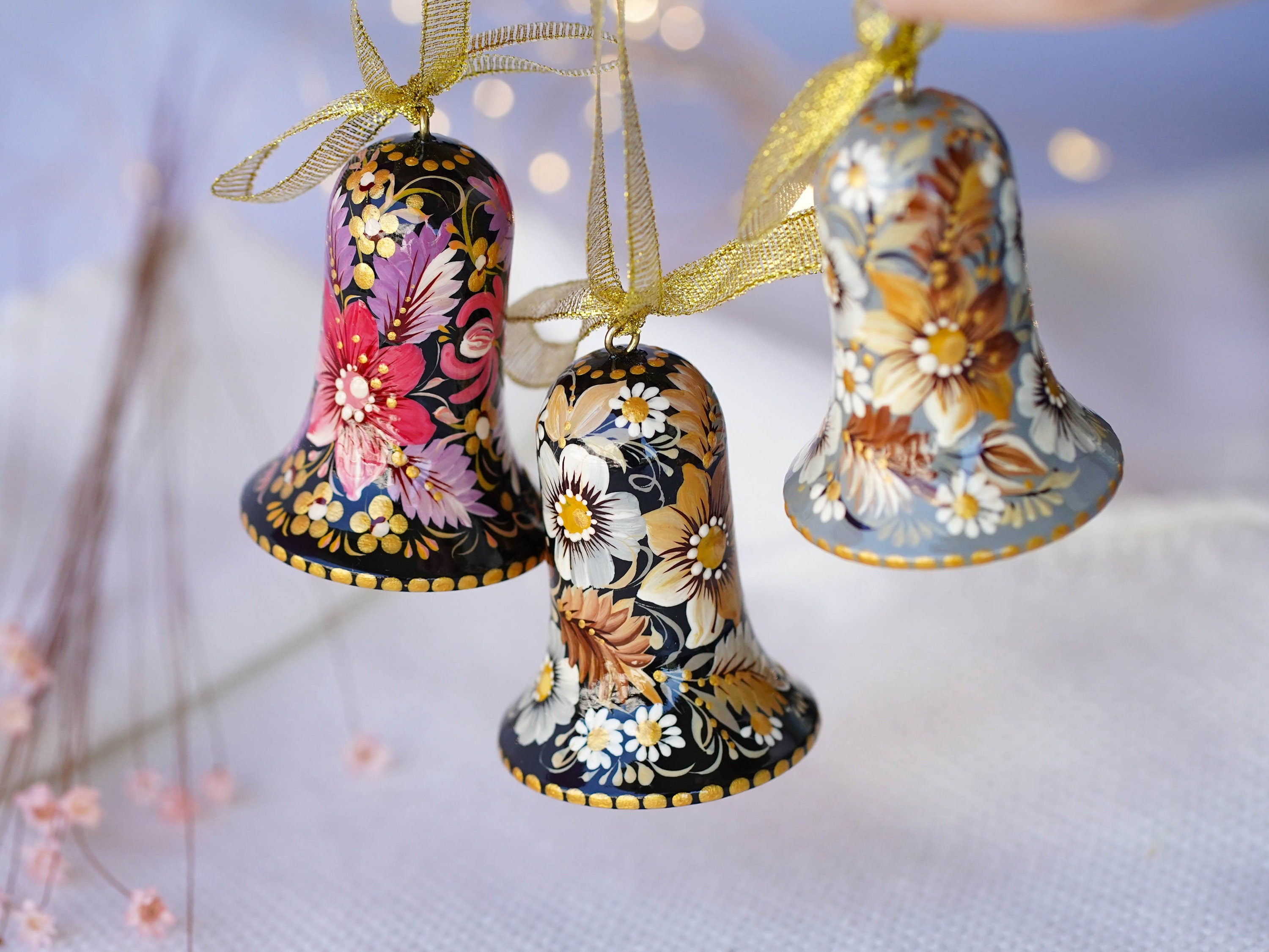 Painted Wooden Set of 3 Personalized Christmas Bell Ornaments - Handmade Petrykivka Art