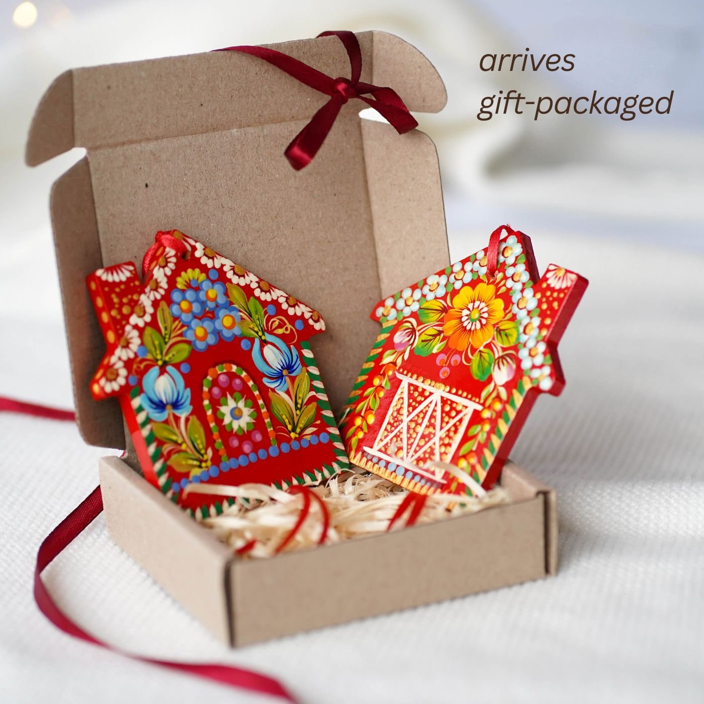 Personalized Set of 2 Wooden Painted Gingerbread House Ornament & Red Barn Ornament - Handmade Petrykivka Art