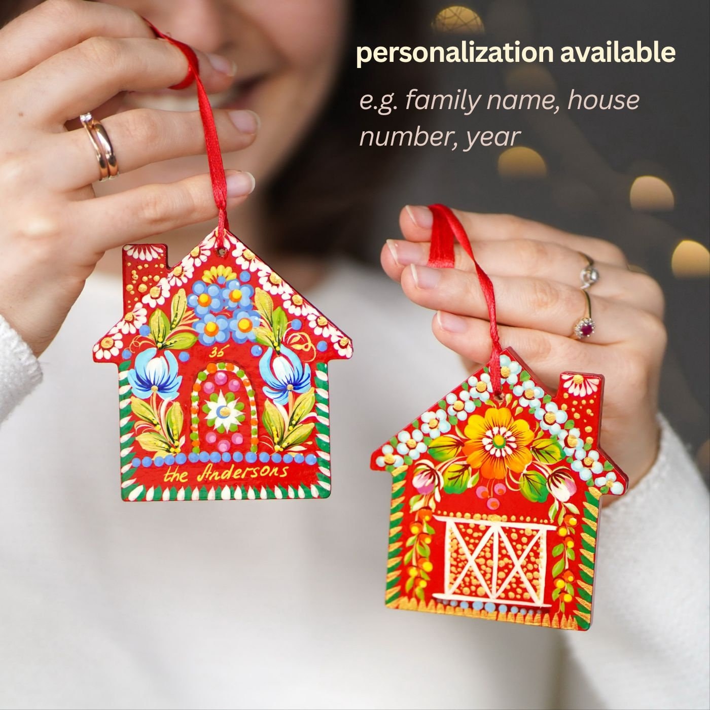 Personalized Set of 2 Wooden Painted Gingerbread House Ornament & Red Barn Ornament - Handmade Petrykivka Art