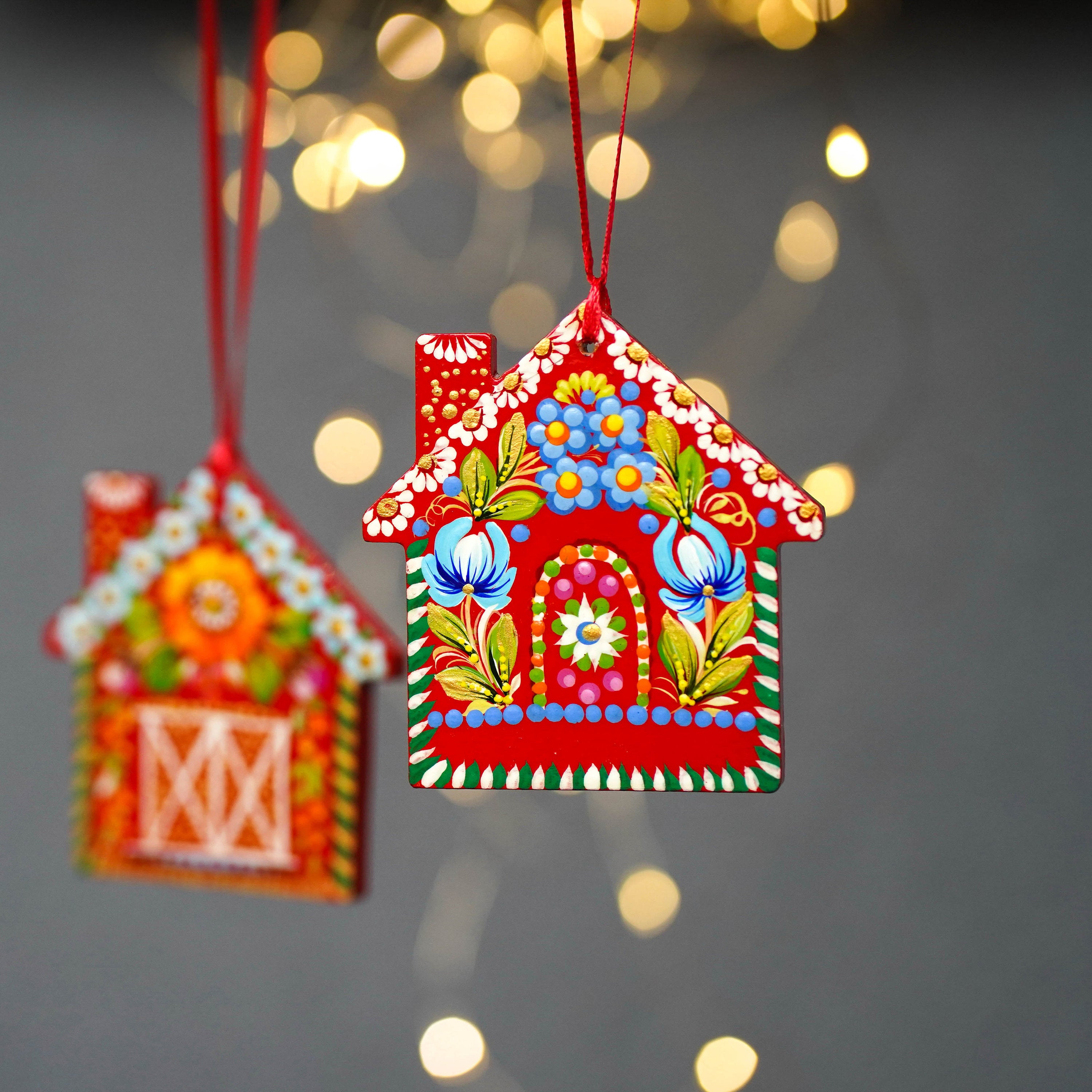 Personalized Set of 2 Wooden Painted Gingerbread House Ornament & Red Barn Ornament - Handmade Petrykivka Art