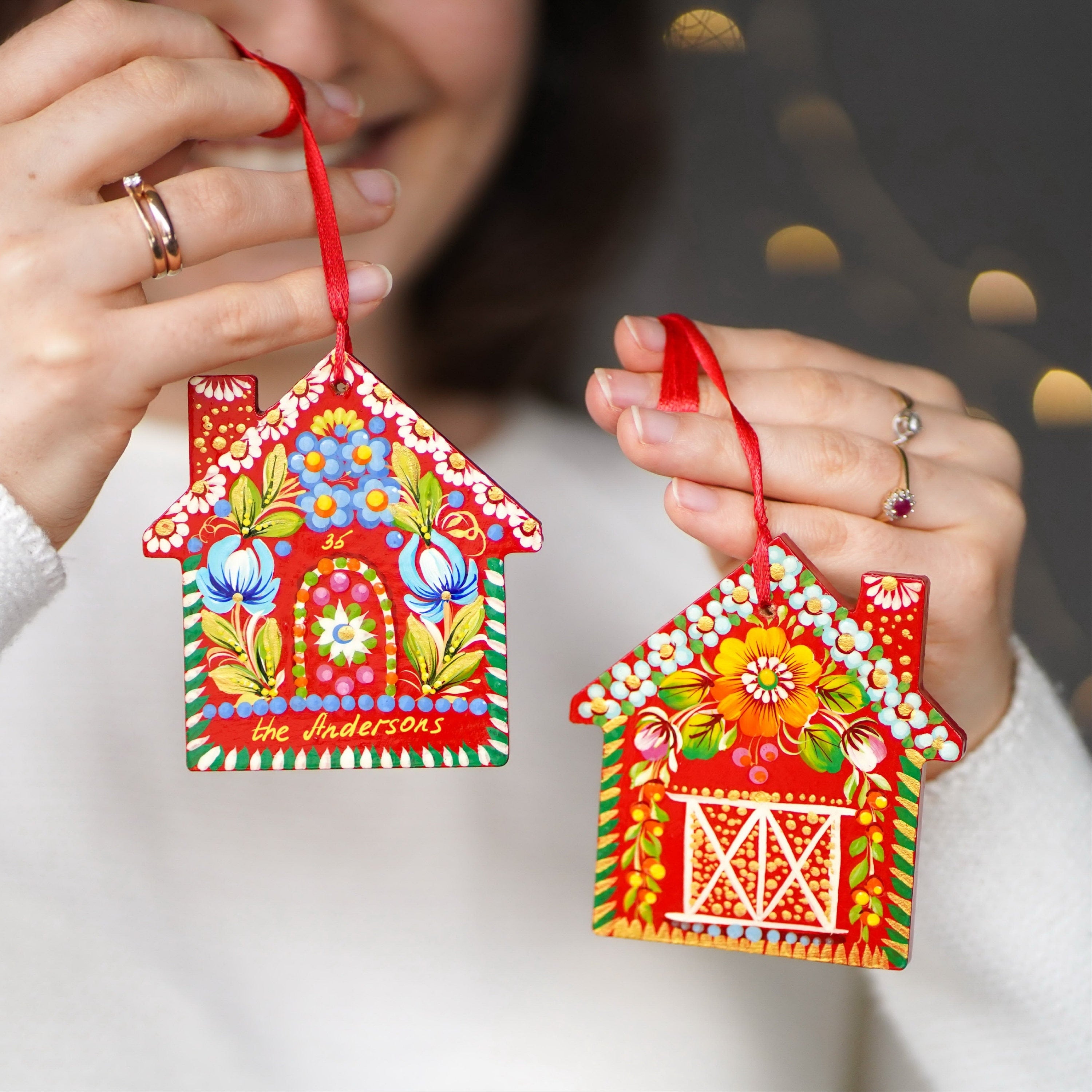 Personalized Set of 2 Wooden Painted Gingerbread House Ornament & Red Barn Ornament - Handmade Petrykivka Art