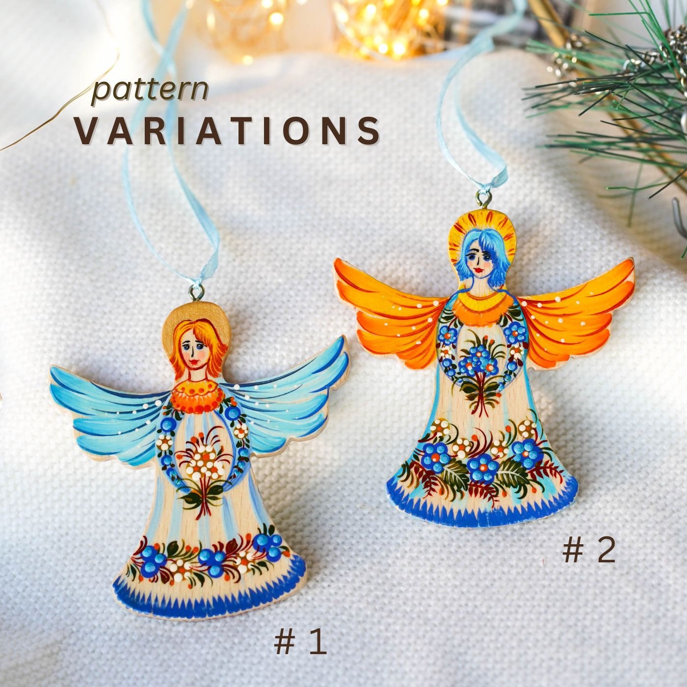 Painted Wooden Angel Christmas Ornament with Blue & Yellow Flowers - Handmade Ukrainian Christmas Tree Decoration, Petrykivka Art