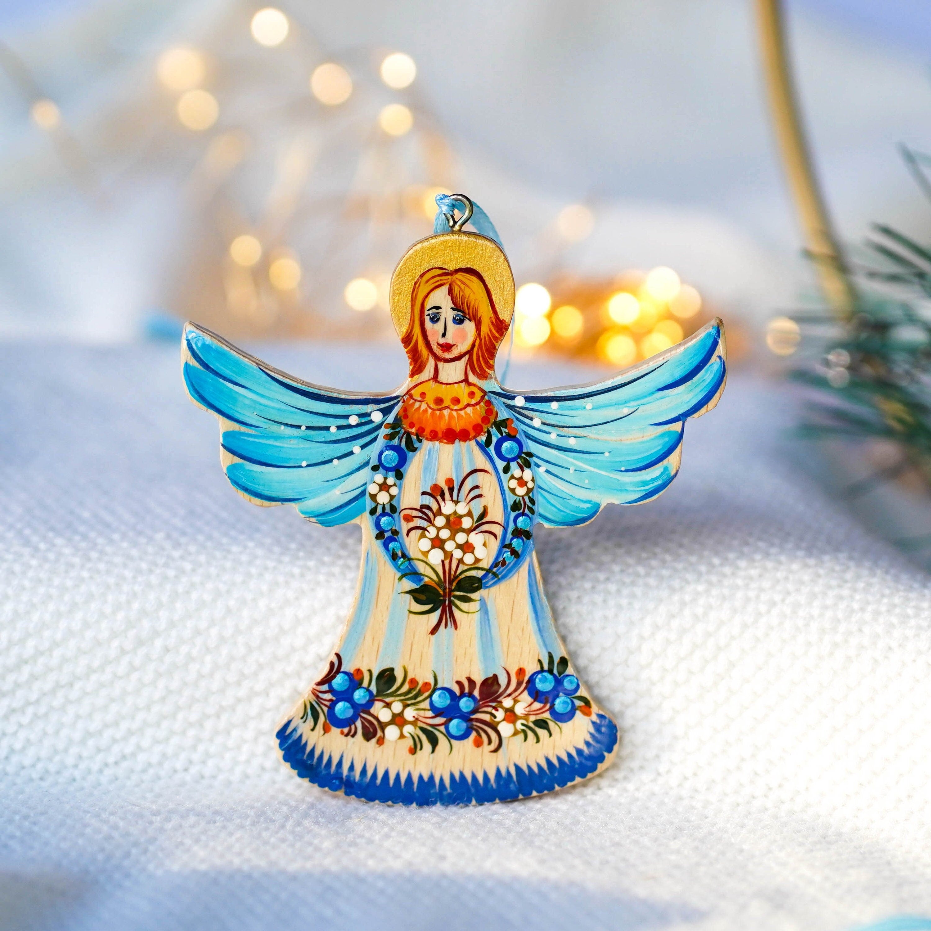 Painted Wooden Angel Christmas Ornament with Blue & Yellow Flowers - Handmade Ukrainian Christmas Tree Decoration, Petrykivka Art