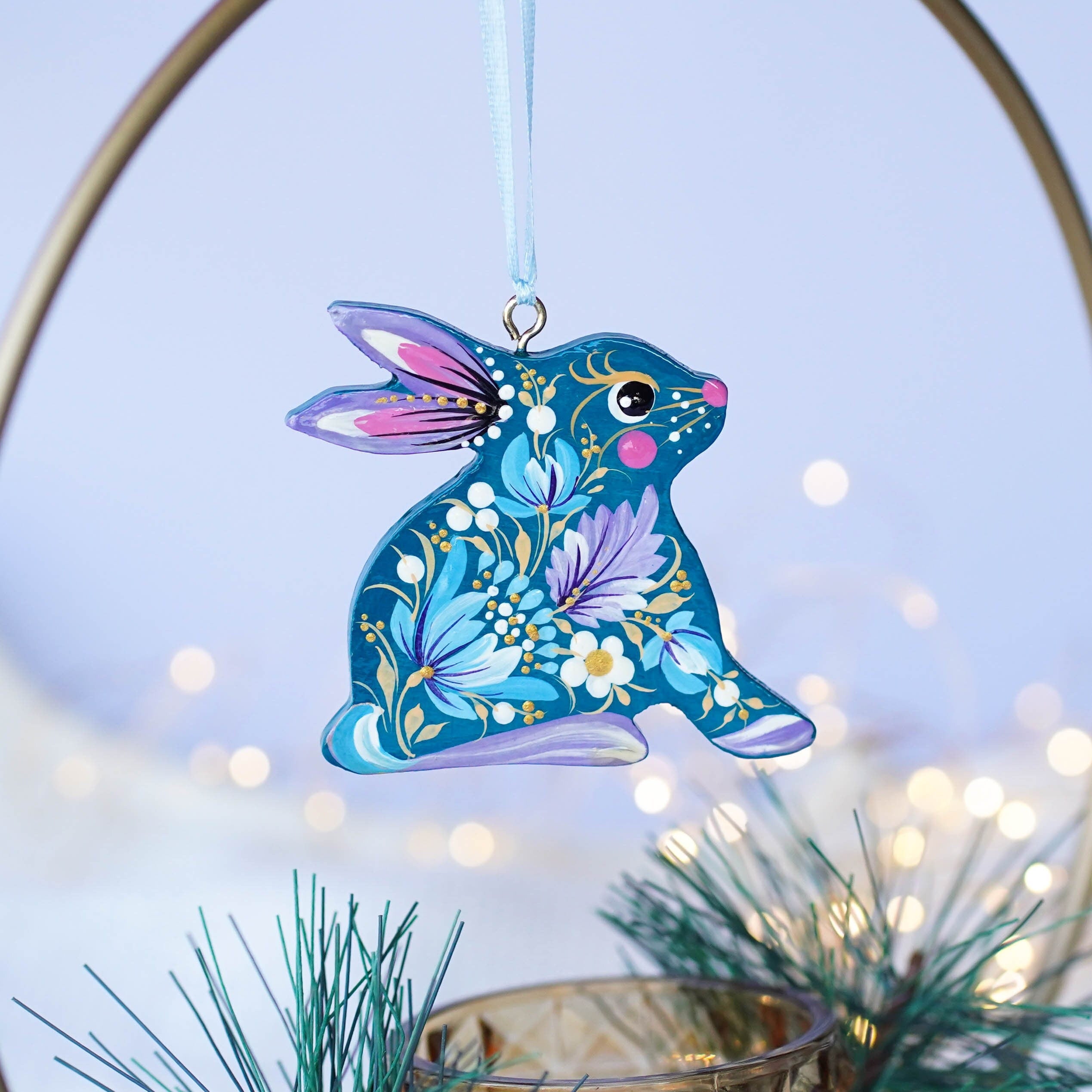 Painted small Bunny ornament Ukrainian Christmas Ornament Wooden