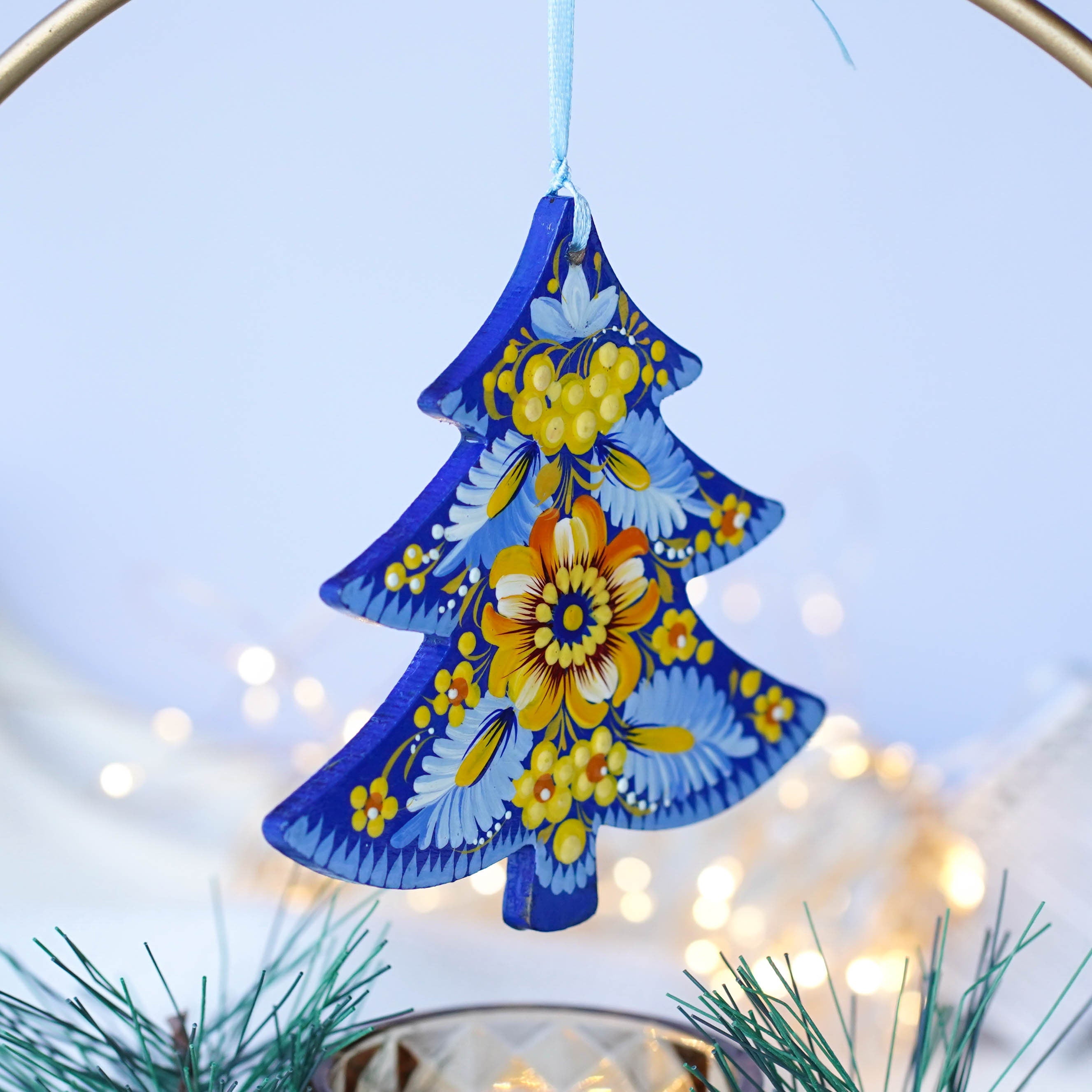 Hand-painted Ukrainian Christmas Tree Ornament Blue & Yellow