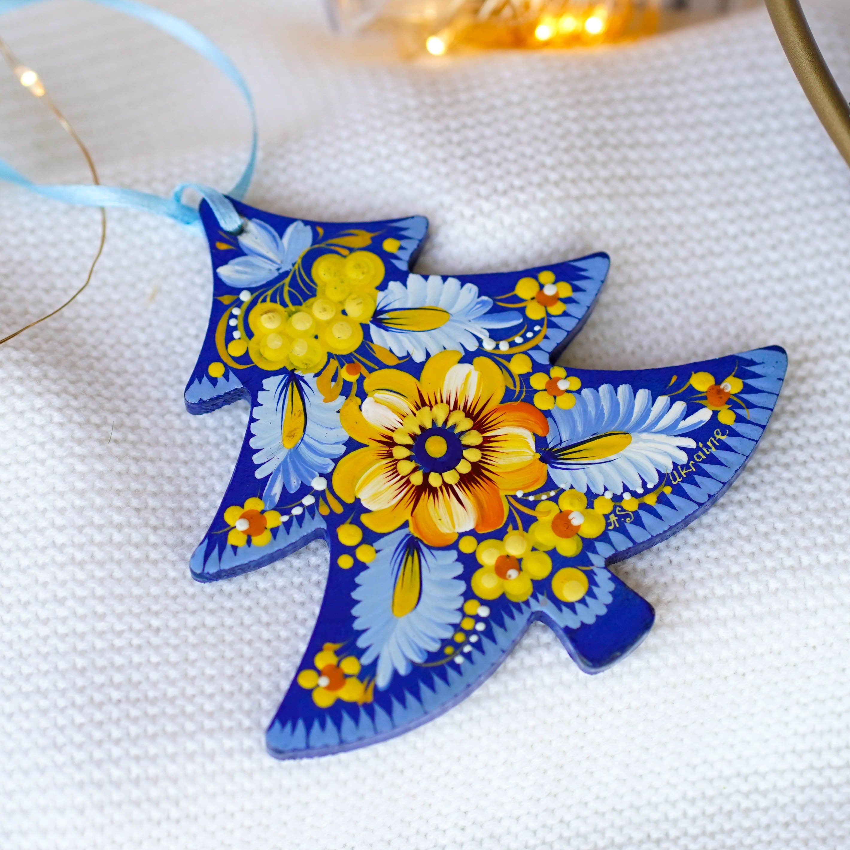 Hand-painted Ukrainian Christmas Tree Ornament Blue & Yellow