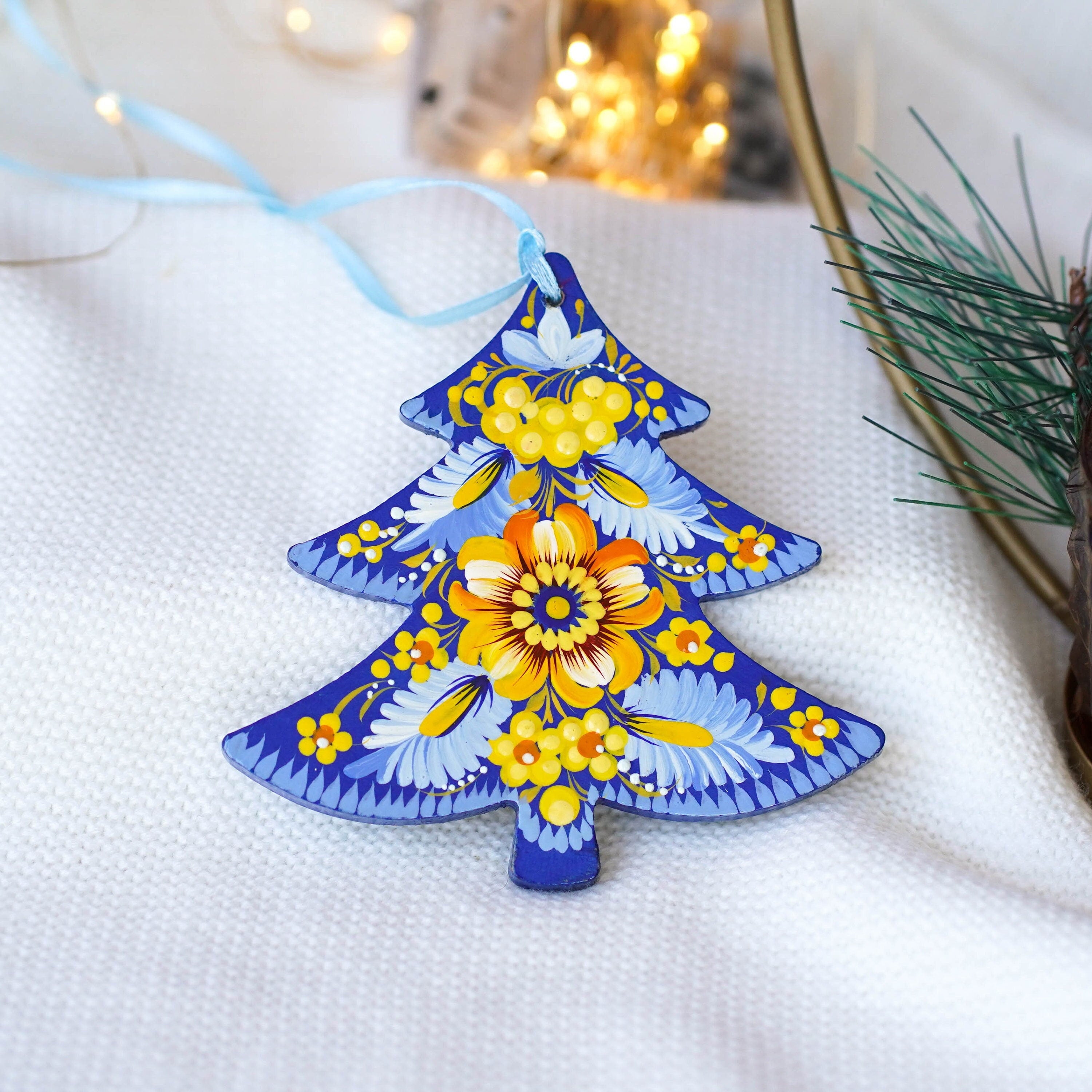 Hand-painted Ukrainian Christmas Tree Ornament Blue & Yellow