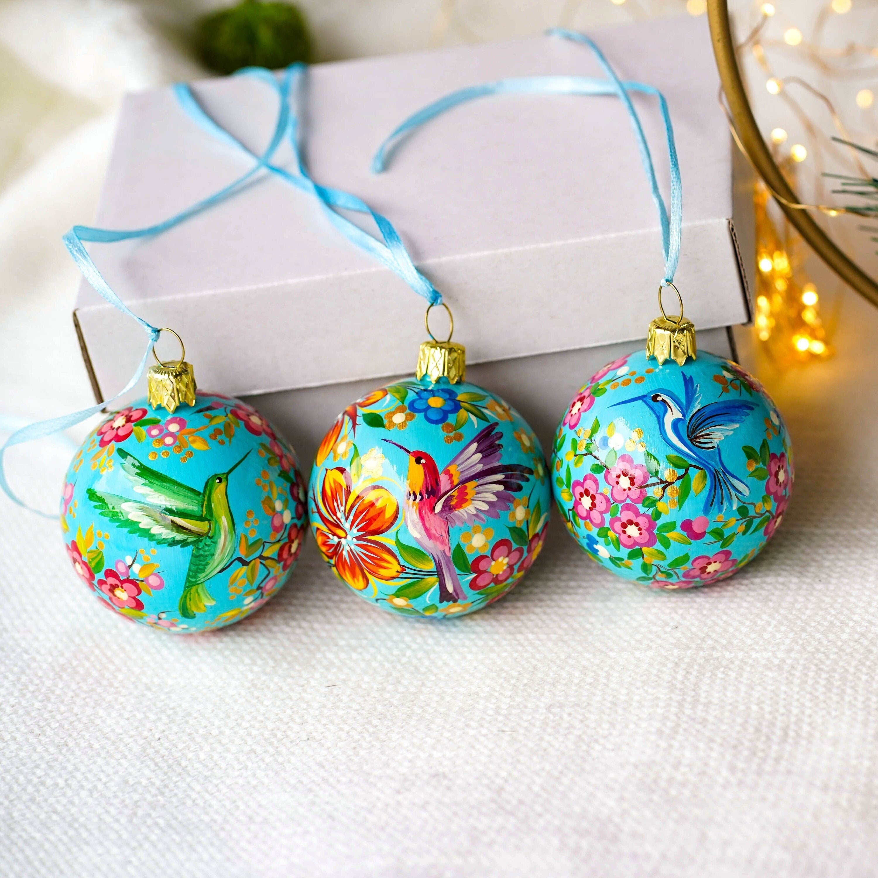 Hand-painted Set of 3 Hummingbird Christmas Ornaments Balls 2.4 in - Handmade Artisanal Christmas Tree Decorations, Petrykivka Art