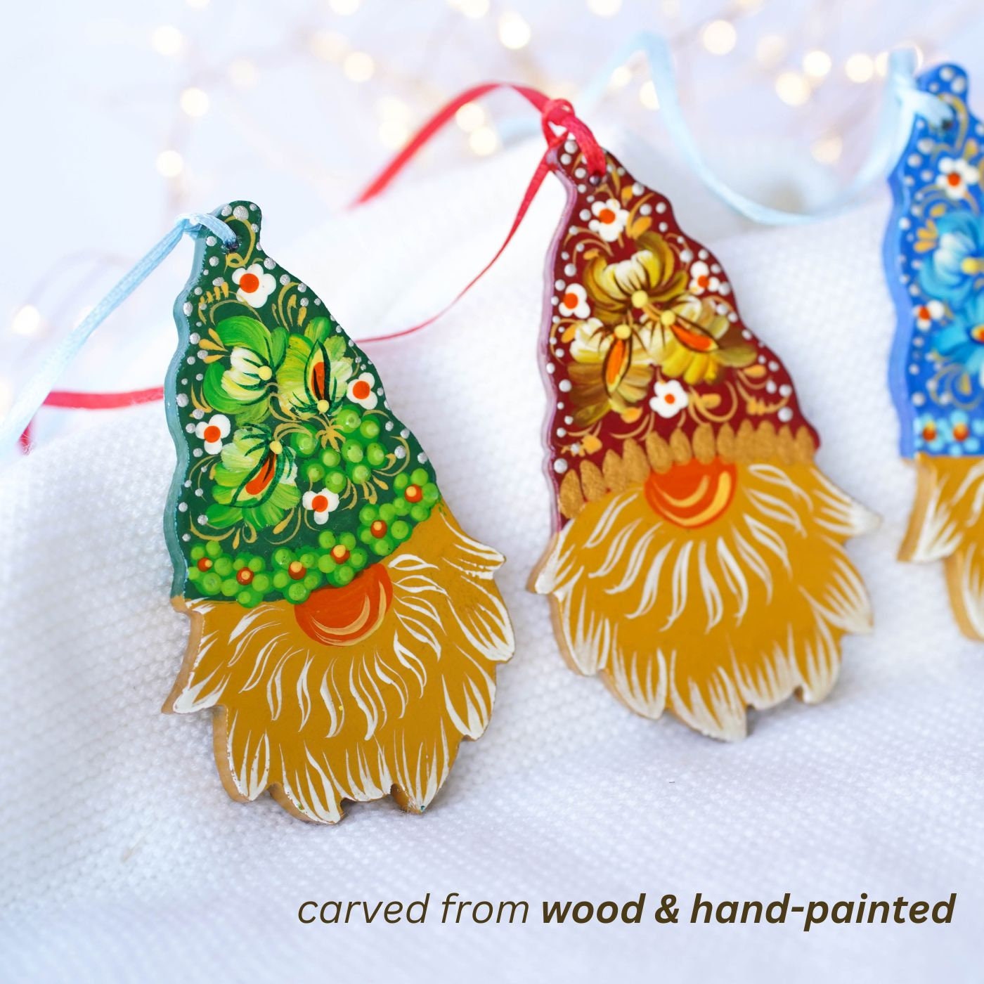 Gnome ornament set of 3 pcs - Hand painted wooden Christmas ornaments, Gift-wrapped