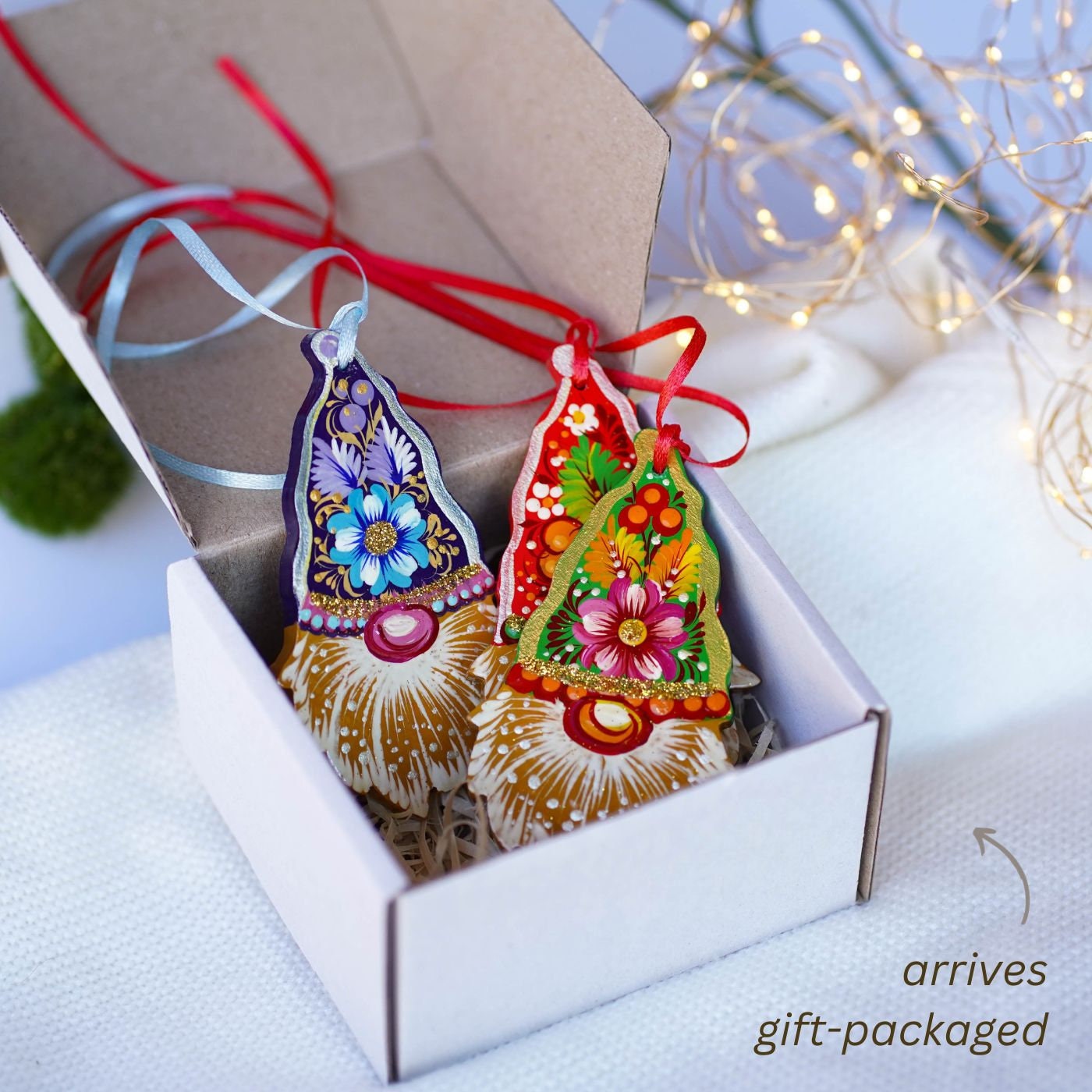 Set of 3 Gnome Ornaments Hand-painted with Petrykivka art, Gift-wrapped