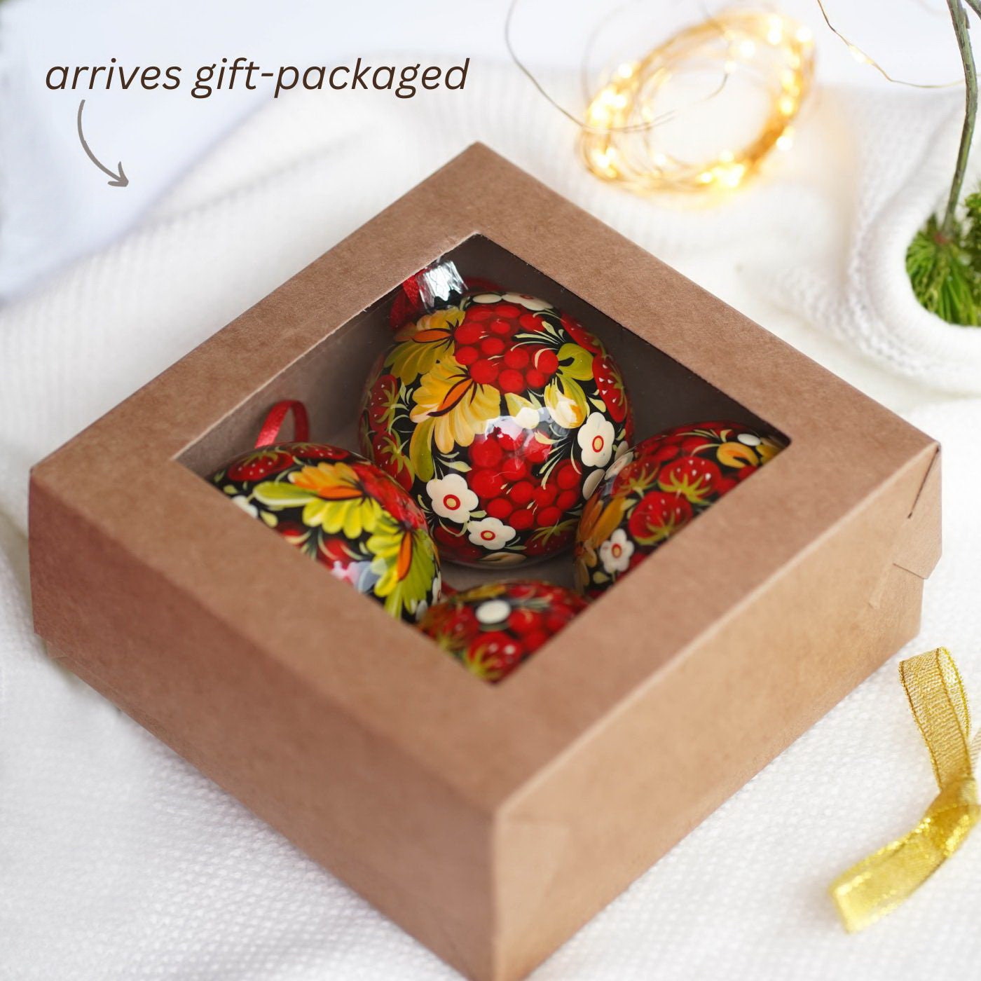 Painted Set of 4 Red Flower Ukrainian Christmas Ball Ornaments 2.4 in - Unique Handmade Christmas Tree Decorations, Petrykivka Art