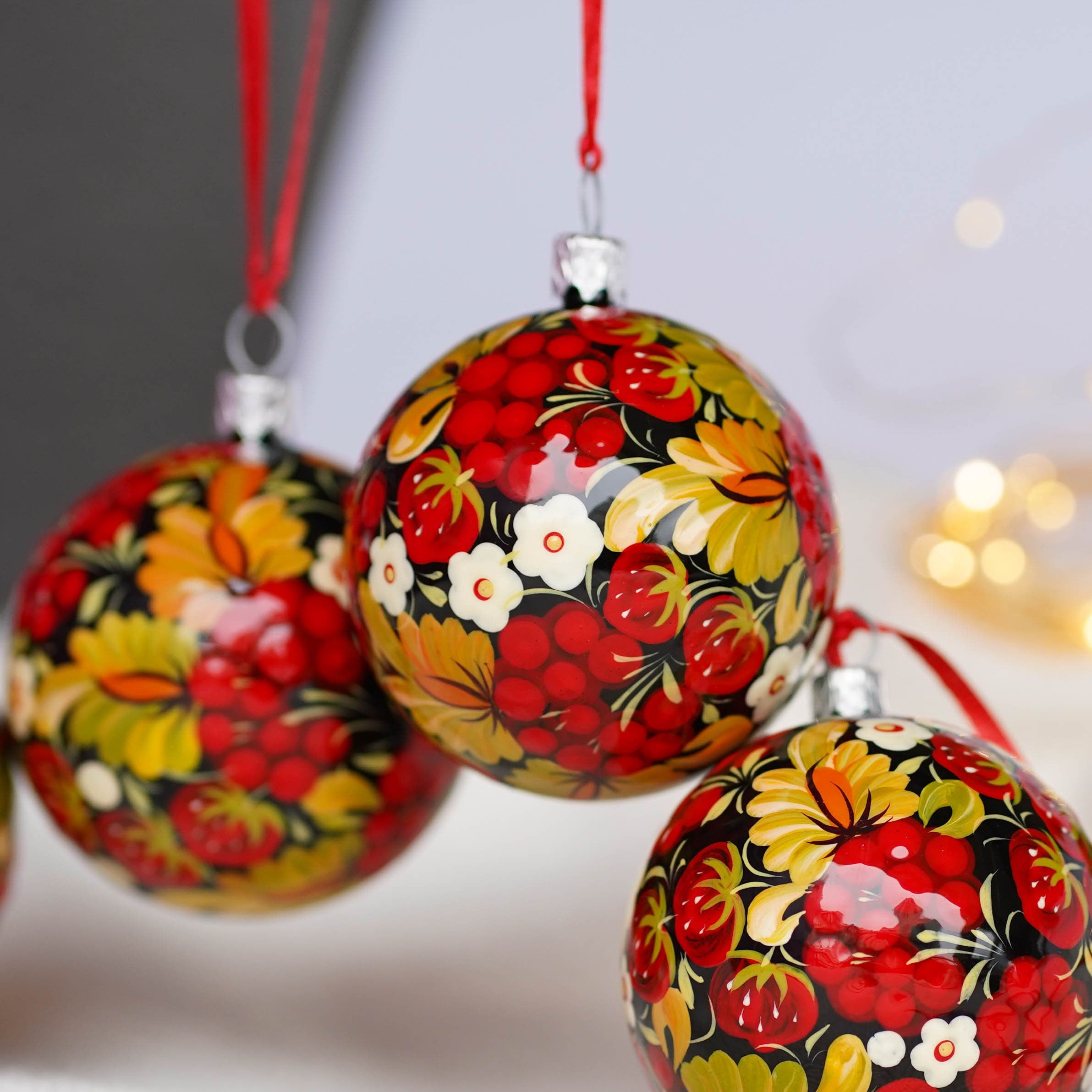 Painted Set of 4 Red Flower Ukrainian Christmas Ball Ornaments 2.4 in - Unique Handmade Christmas Tree Decorations, Petrykivka Art