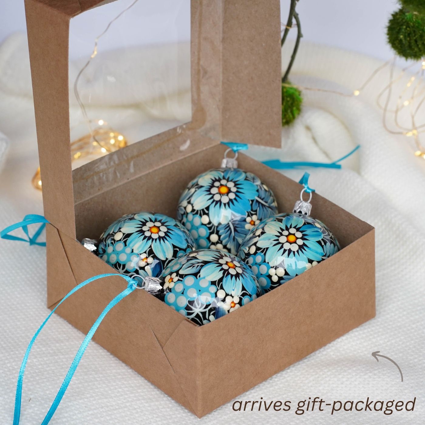 Set of 4 Painted Blue & Yellow Flower Ukrainian Christmas Ball Ornaments 2.4 in, Gift-wrapped