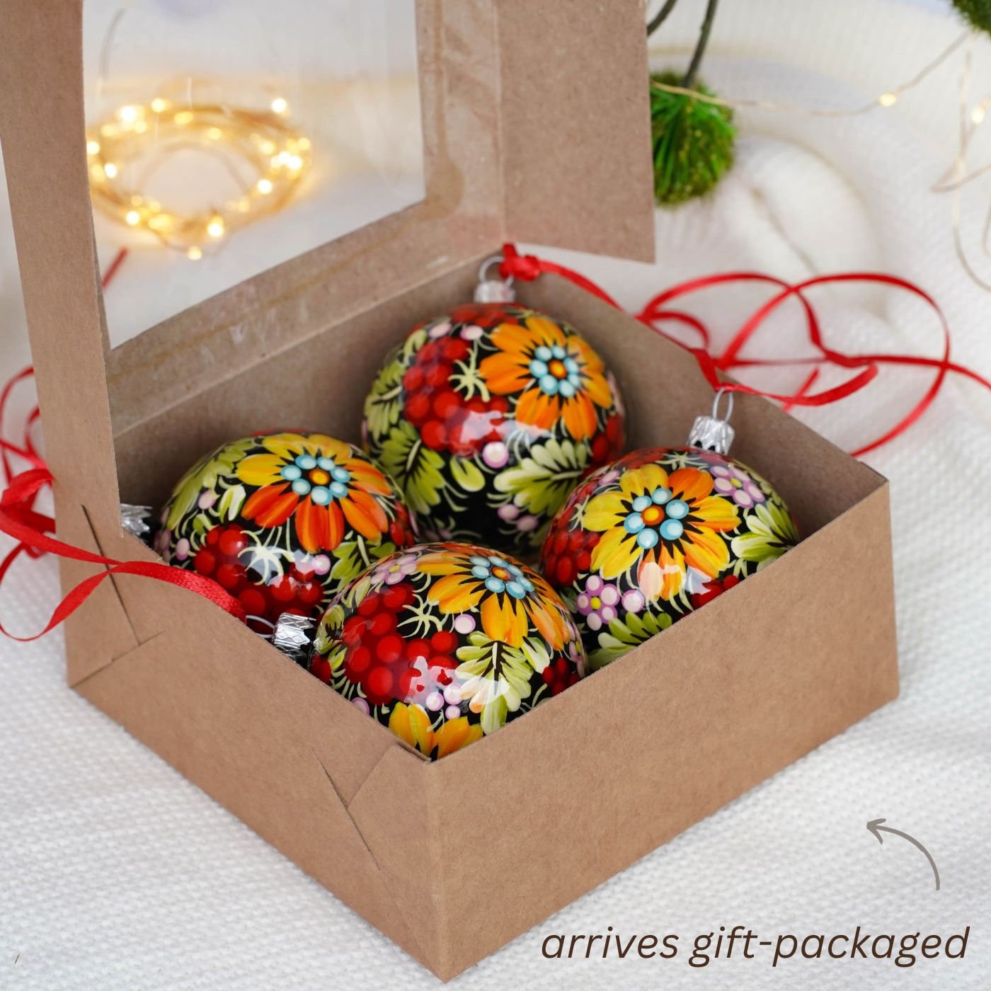 Hand-painted Set of 4 Red Flower Petrykivka Christmas Ball Ornaments 2.4 in, Gift-wrapped