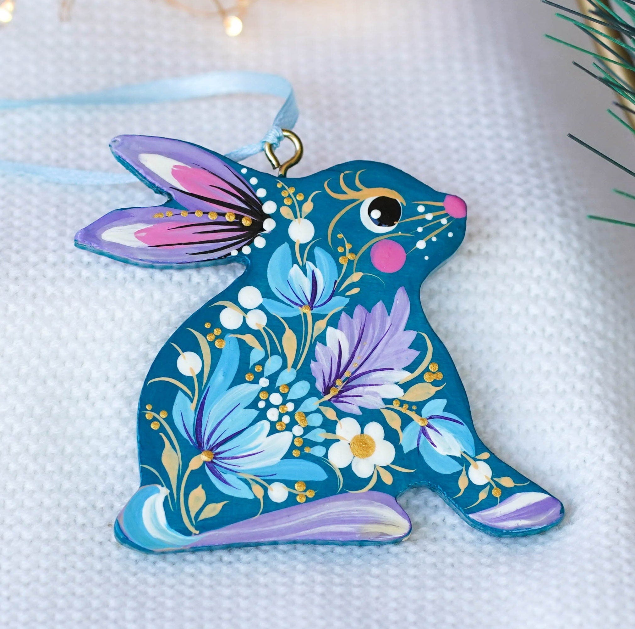 Painted small Bunny ornament Ukrainian Christmas Ornament Wooden