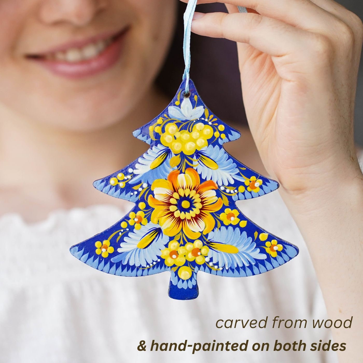 Hand-painted Ukrainian Christmas Tree Ornament Blue & Yellow