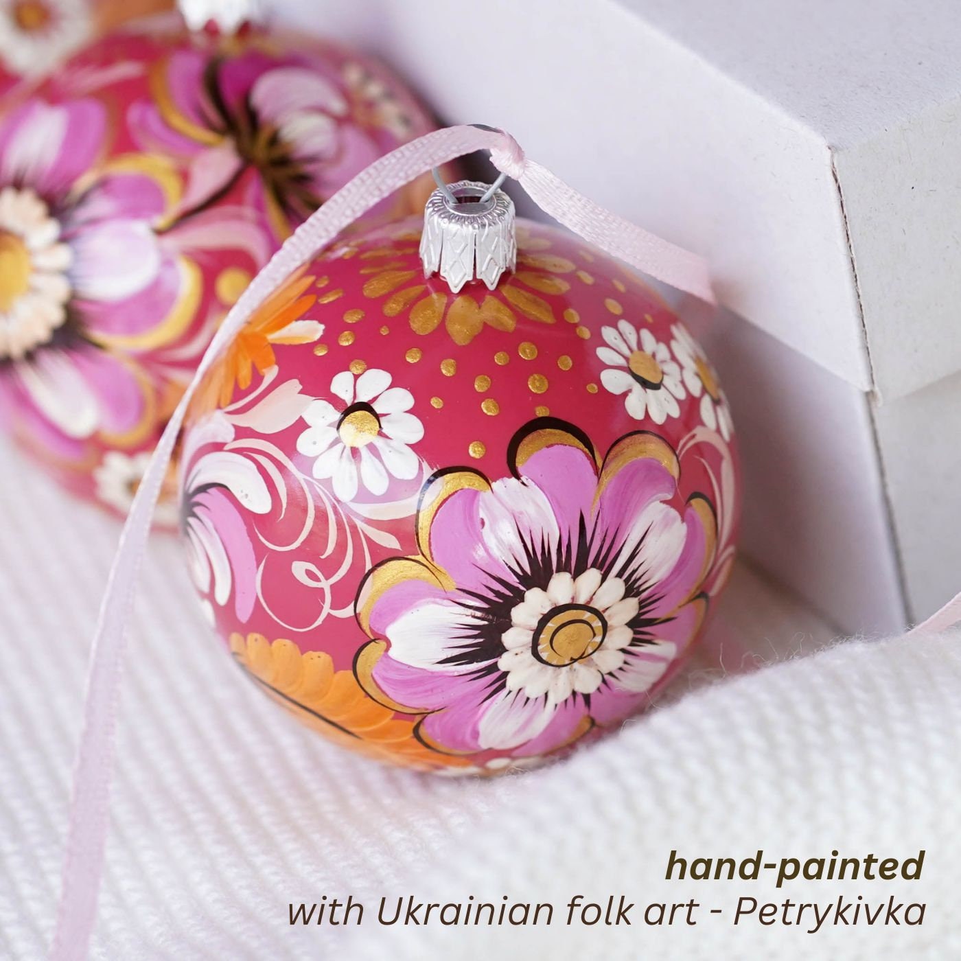 Set of 3 Painted Pink Flower Ukrainian Christmas Ball Ornaments 2.4 in, Gift-wrapped