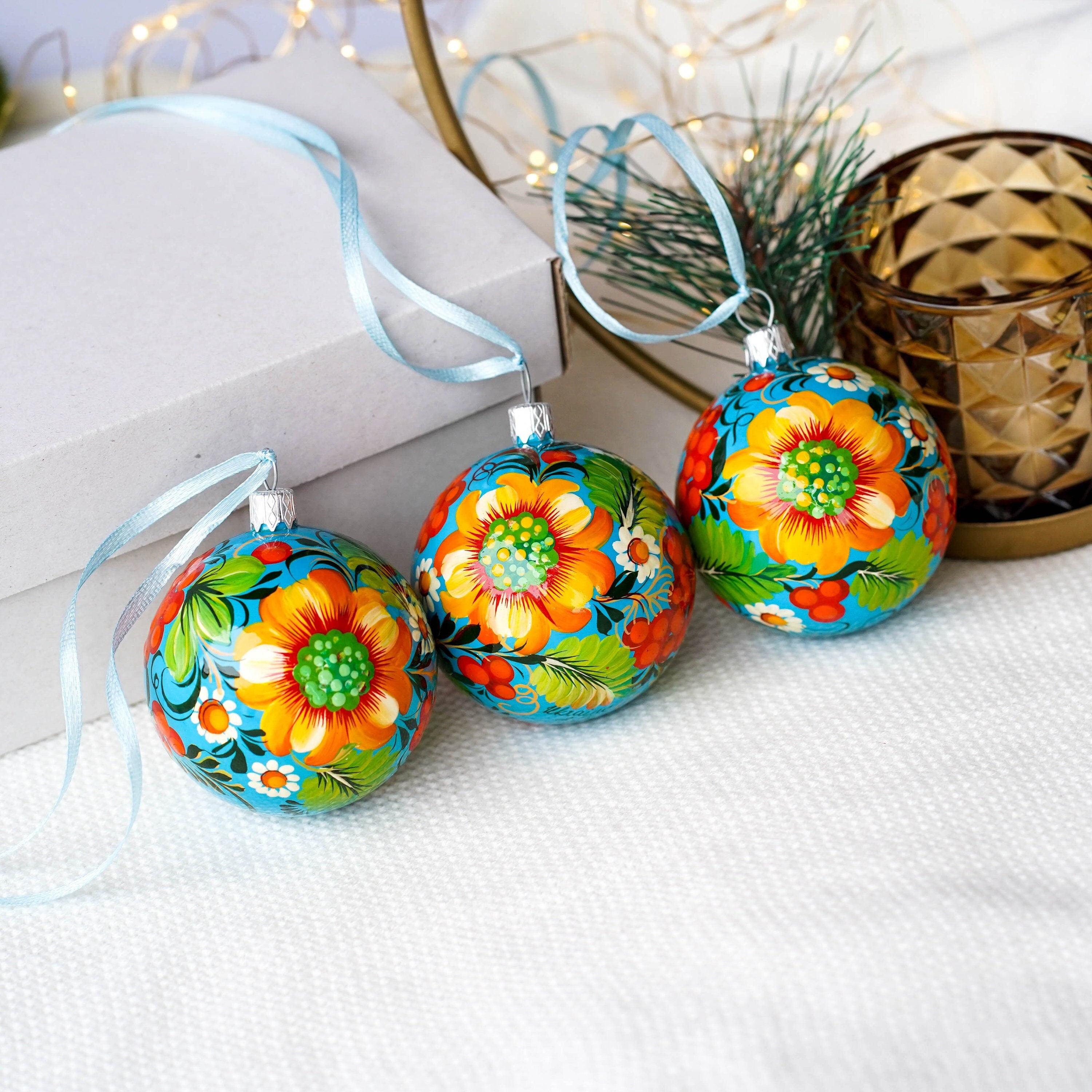 Hand-painted Set of 3 Ukrainian Sunflower Ornaments 2.4 in, Gift-wrapped