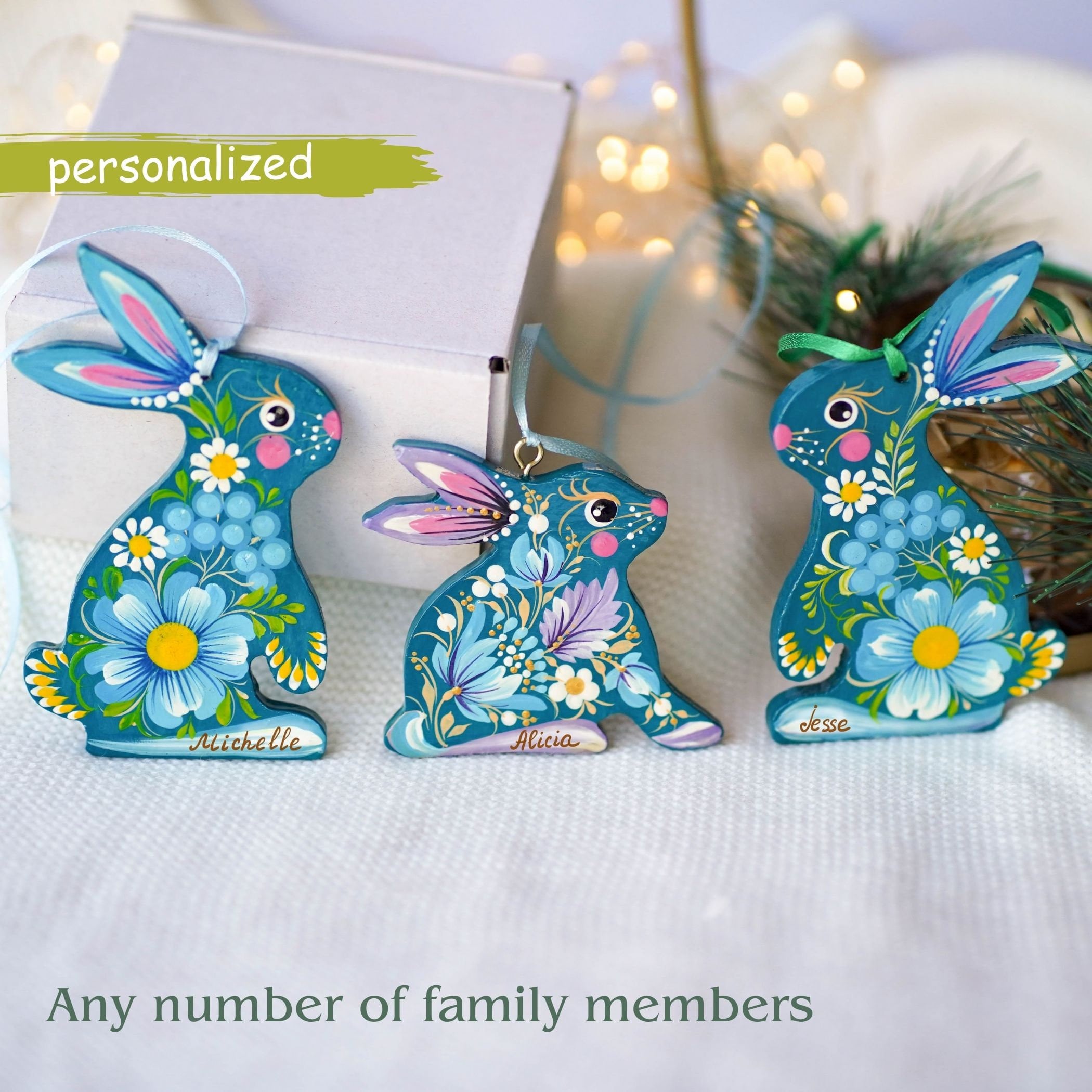 Personalized family Christmas ornament set -Painted Rabbit & bunny ornaments