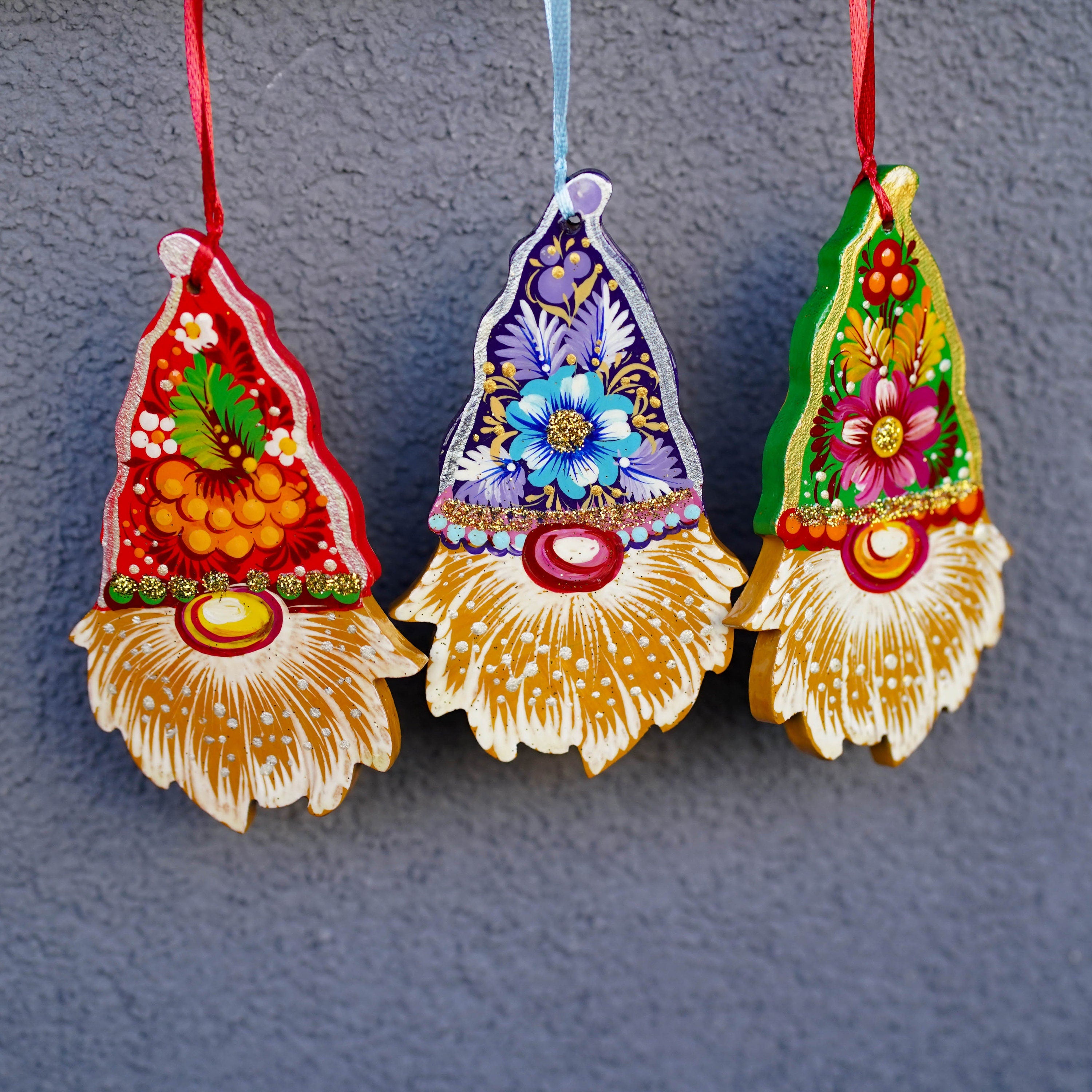 Set of 3 Gnome Ornaments Hand-painted with Petrykivka art, Gift-wrapped