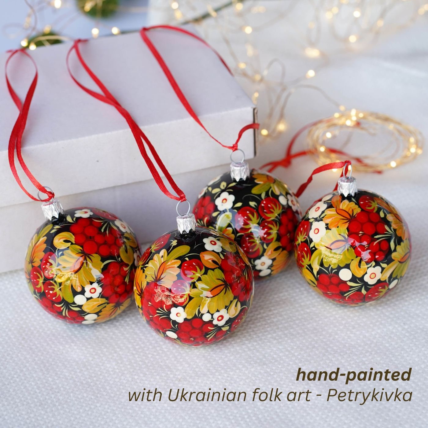 Painted Set of 4 Red Flower Ukrainian Christmas Ball Ornaments 2.4 in - Unique Handmade Christmas Tree Decorations, Petrykivka Art