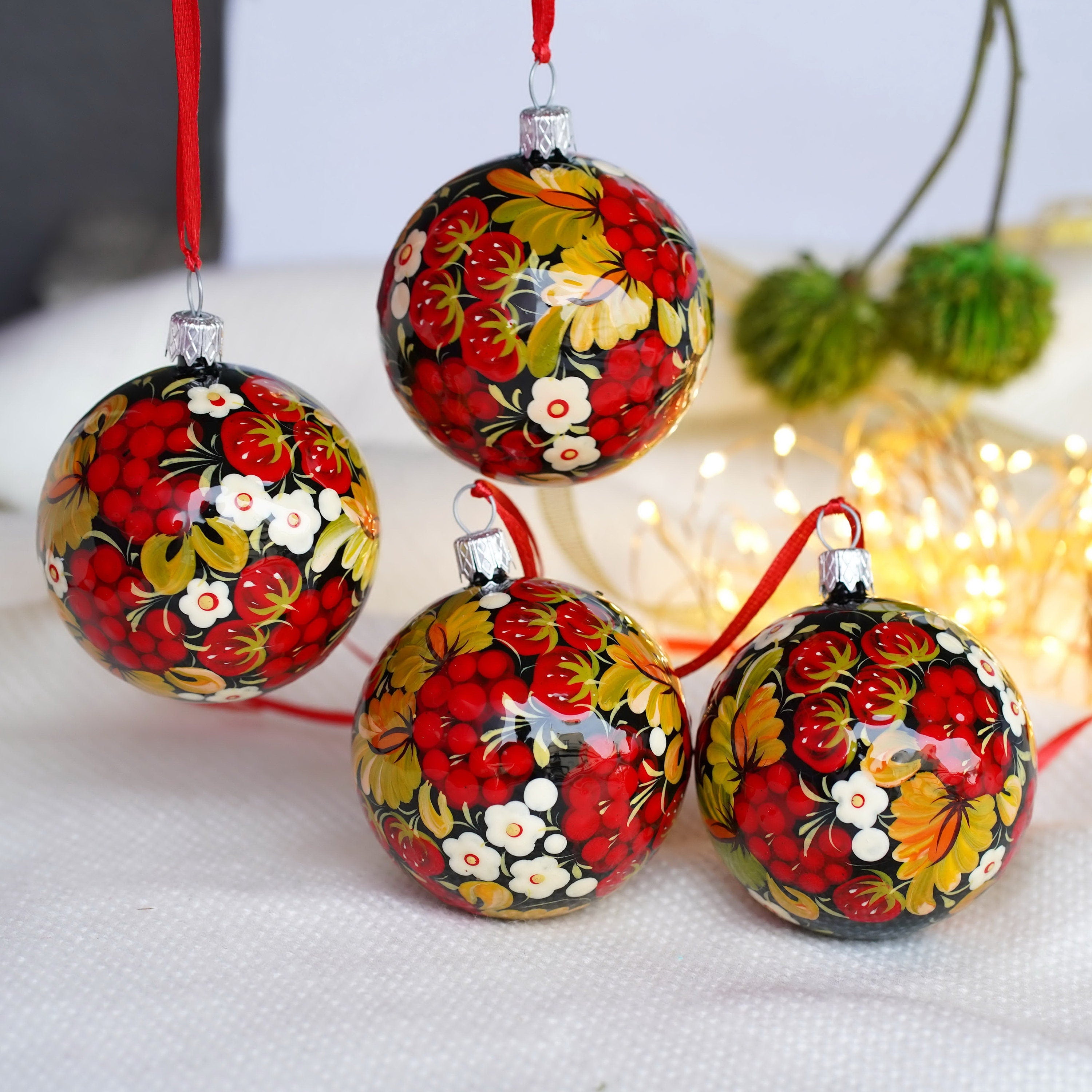 Painted Set of 4 Red Flower Ukrainian Christmas Ball Ornaments 2.4 in - Unique Handmade Christmas Tree Decorations, Petrykivka Art