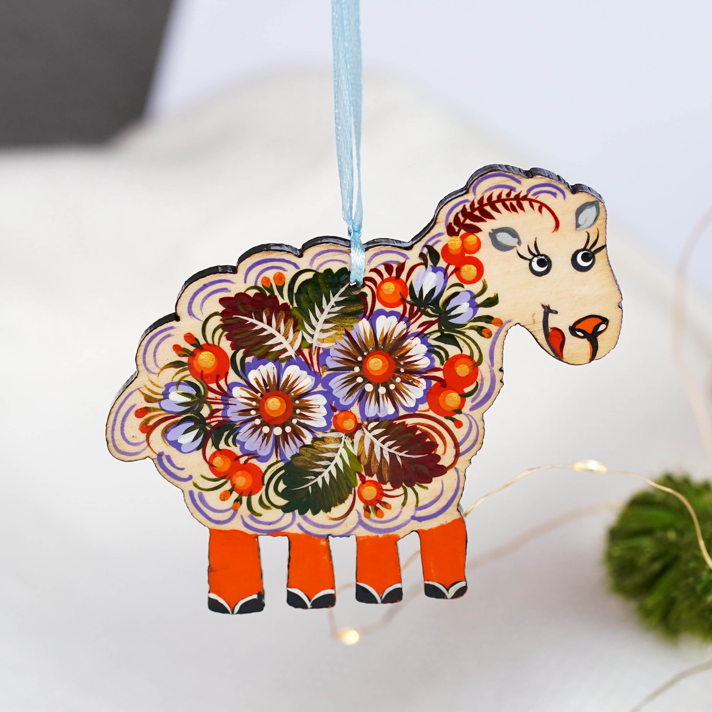 Painted Wooden Sheep Christmas Ornament - Handmade Ukrainian Ornament