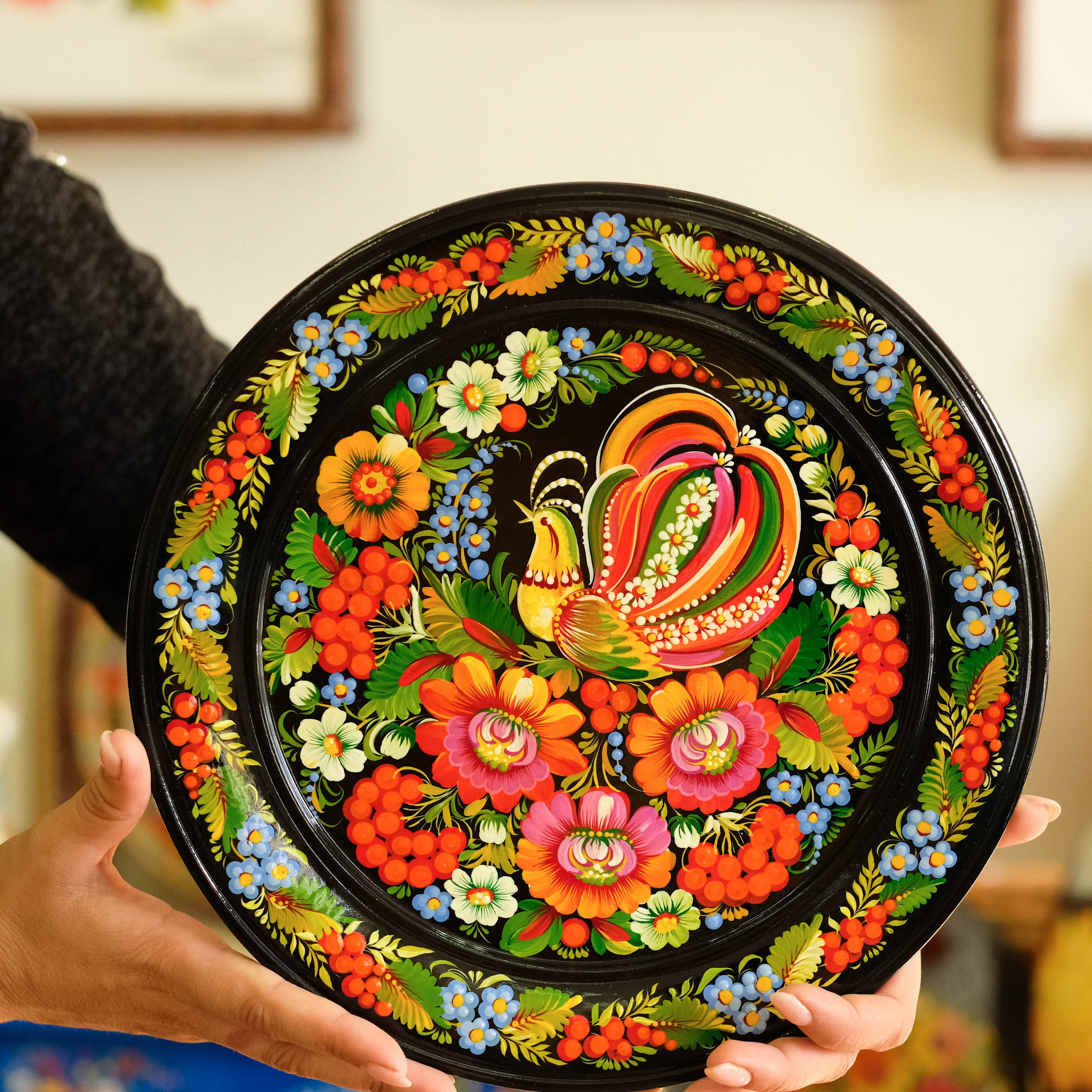 Top Decorative wooden plate 7.9 in, Hand-painted Ukrainian wall plate, Unique flower plate painted with Petrykivka painting, Ukraine folk plate